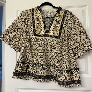 Anthropologie Brown and Cream Bell Sleeve Blouse